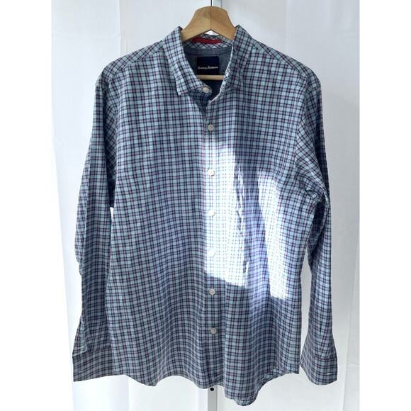 TOMMY BAHAMA  Size L Long Sleeve Button Front Shirt Cotton Silk Check Plaid Blue - Picture 1 of 6